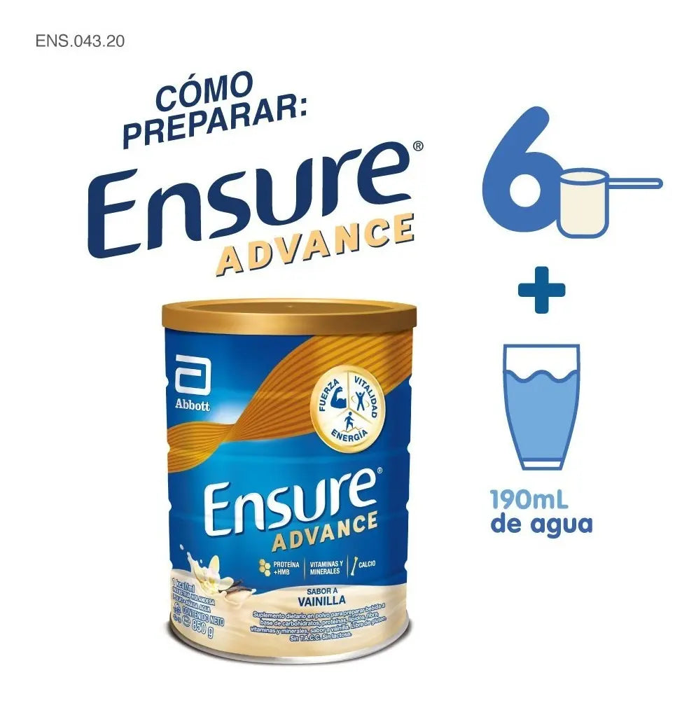 Cómo preparar Ensure Advance: 6 medidas + 190 mL de agua